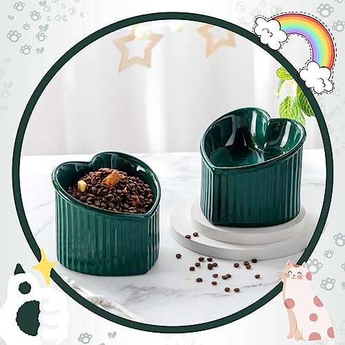 2 Pcs Ceramic Elevated Cat Bowls Tilted Elevated Raised Pet Bowls Anti Vomit Cat Dish for Indoor Stress Free Water Dish Feeder for Puppies, Heart Shaped(Peacock Green)