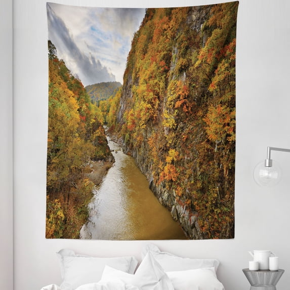 Nature Scene Tapestry, Toyohira River Flowing Between Forest Mountains in Autumn Colors, Fabric Wall Hanging Decor for Bedroom Living Room Dorm, 5 Sizes, Fawn Orange Olive Green, by Ambesonne