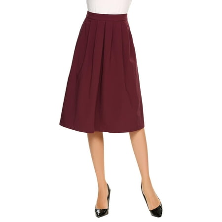 Cotton Solid Pockets Zipper - Women Casual Back Zipper Side Pocket A-Line Pleated Solid Skirt HFON