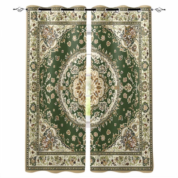 Green Boho Blackout Curtains for Bedroom Living Room Darkening Curtains 63 Inches Long Chic Traditional Antique Geometric Tribal Window Curtain 2 Panels Set Window Treatment Grommet Drapes 52"x63"