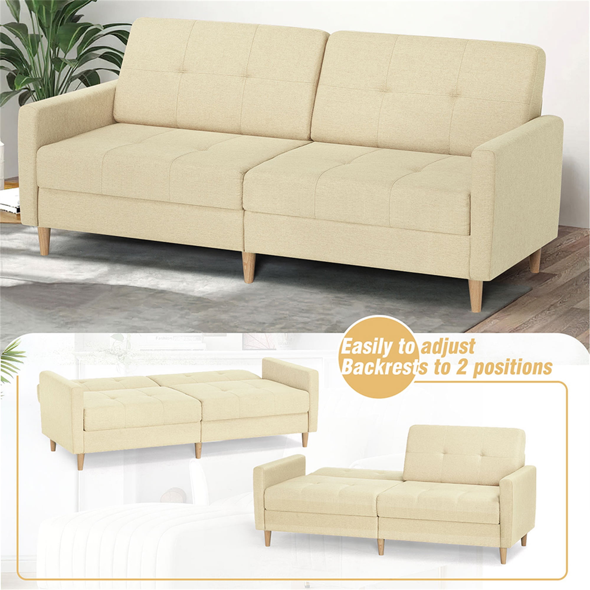 Kadyn Loveseat Sofa Bed, Mordern Convertible Sofa with Adjustable Backrest and Wooden Legs, 2-Seat Couch for Bedroom, Beige Kadyn Loveseat Sofa Bed, Mordern Convertible Sofa with Adjustable Backrest and Wooden Legs, 2-Seat Couch for Bedroom, Beige
