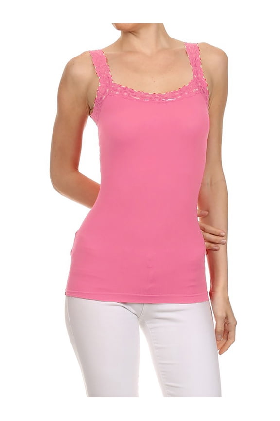 Women's Stylish Scoop Neck Lace Trim Cami Tunic Tank Top, Light Pink
