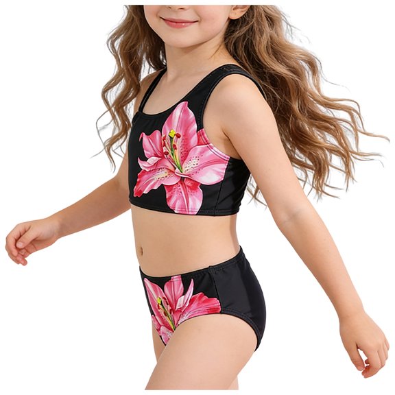 YEPGAR Girls Swimsuit 2 Piece Kids Swim Dress Floral Print Bathing Suit Comfortable Breathable Girls' Swimwear for 7-14 Years (Black, 13-14 Years)