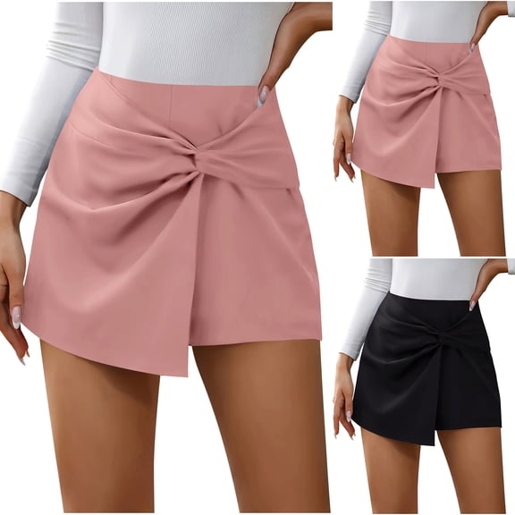 Feancey Trendy Skorts for Women Twist Front High Waisted Tennis Skirts Dressy Casual Business Mini Skirt with Inner Shorts Summer Clothes Pink S