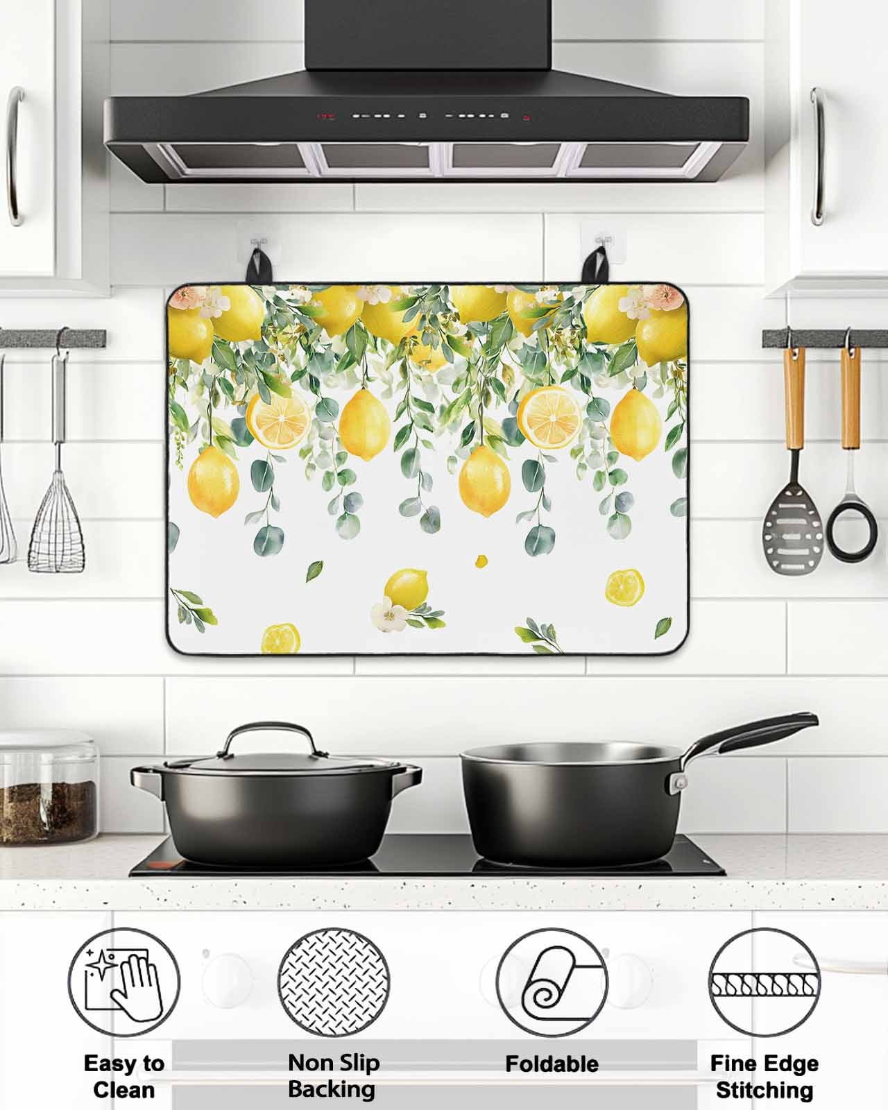 Stove Top Covers for Electric Stove, Lemon Eucalyptus Glass Stovetop Cover Protector, Farm Flower Fruit Country Boho Summer Induction Cooktop Protector Oven Mat for Kitchen Countertop 24"x21"