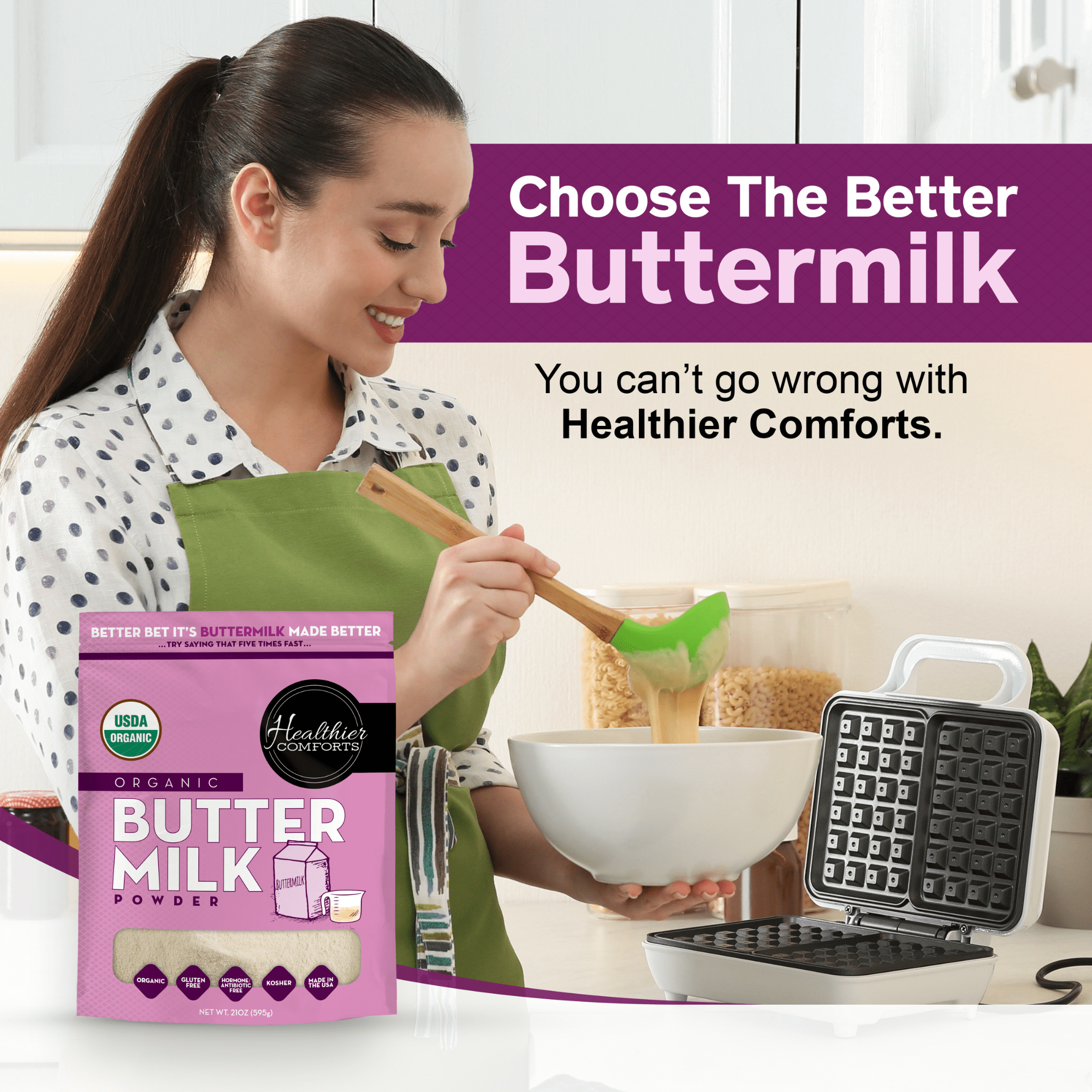 Healthier Comforts Organic Buttermilk Powder 21oz | USDA Certified, Kosher, Gluten Free, Non-GMO | Baking Supplies, Biscuits & Gravy, Mini Pancakes