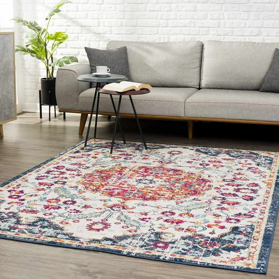 Hauteloom Tigris Collection Jasmine Oriental Farmhouse Living Room Bedroom Area Rug - Vintage Distressed - Boho Chic Floral Medallion Pattern - Off White, Blue, Orange - 3'11" x 5'7"
