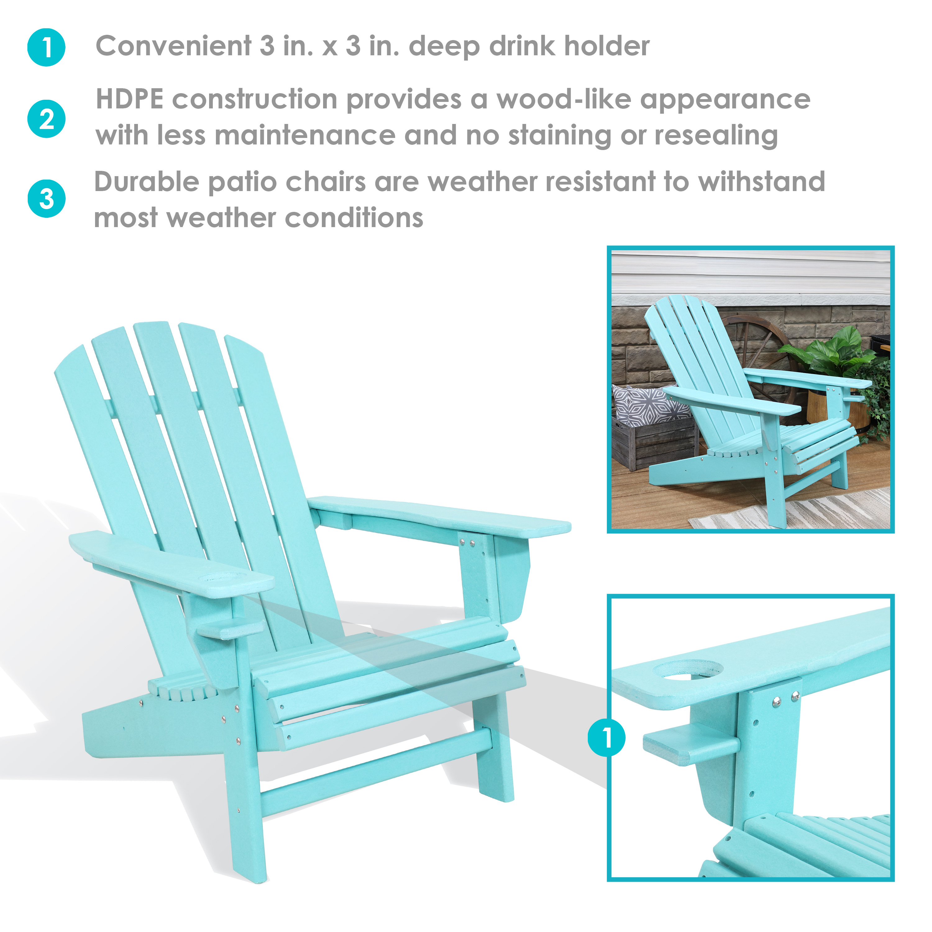 Sunnydaze All-Weather Outdoor Adirondack Chair with Drink Holder - Turquoise - Set of 2 - image 4 of 11
