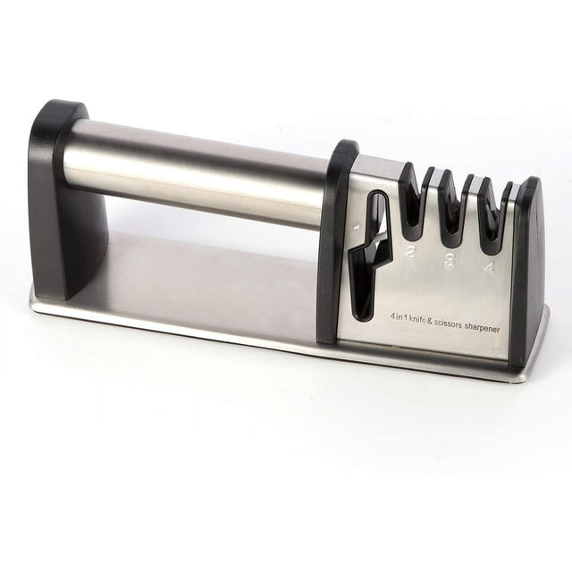 4 in 1 Knife and Scissors Sharpener, Portable Knife Sharpening Tool with Ergonomic Handle and Non-slip EVA Base, Effective and Fast Sharpener for Repair, Professional Knife Sharpener for Kitchen