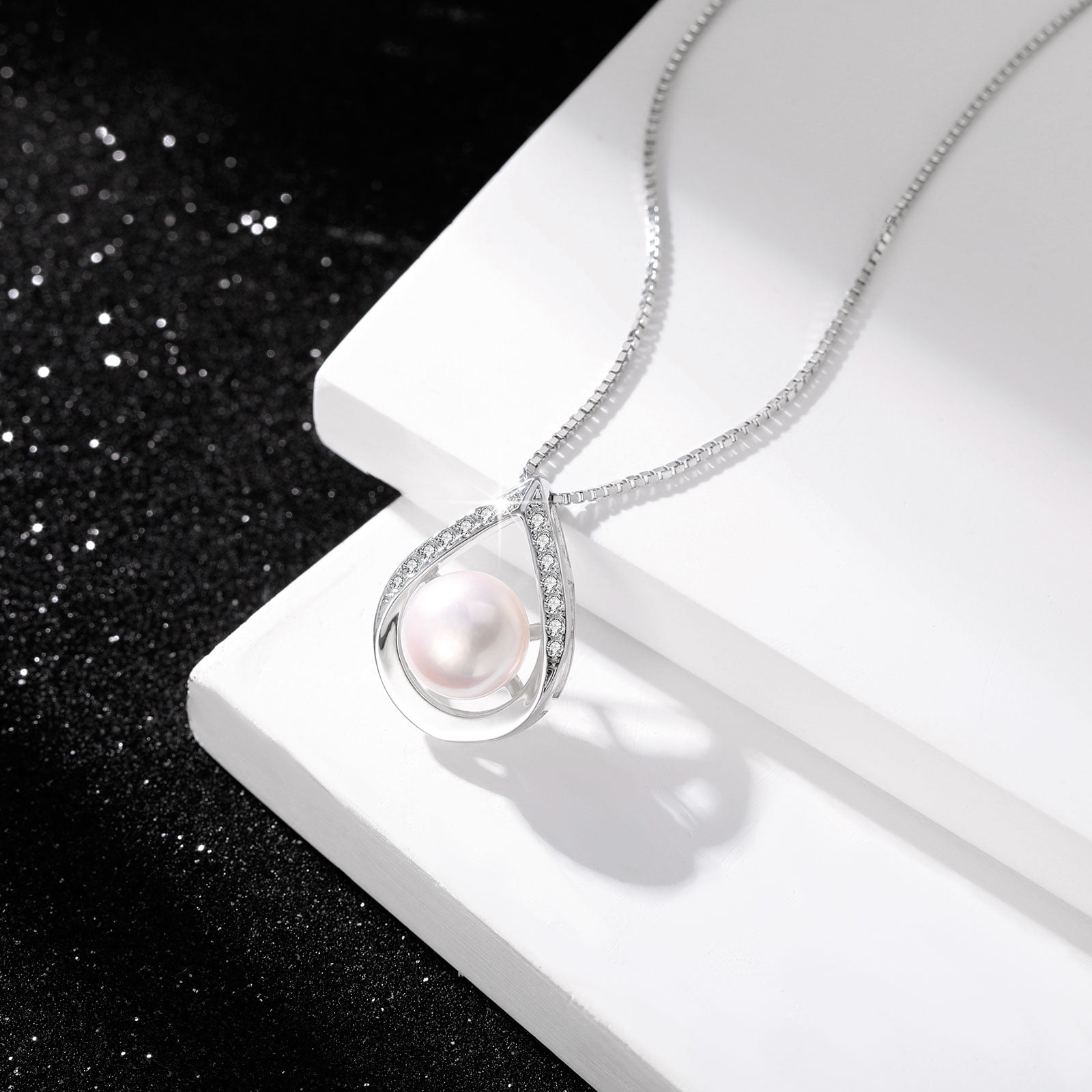 Bamiki White Pearl Necklace and Earrings Set | 925 Sterling Silver Jewelry Set with Pendant and earrings Valentine's Day Gift