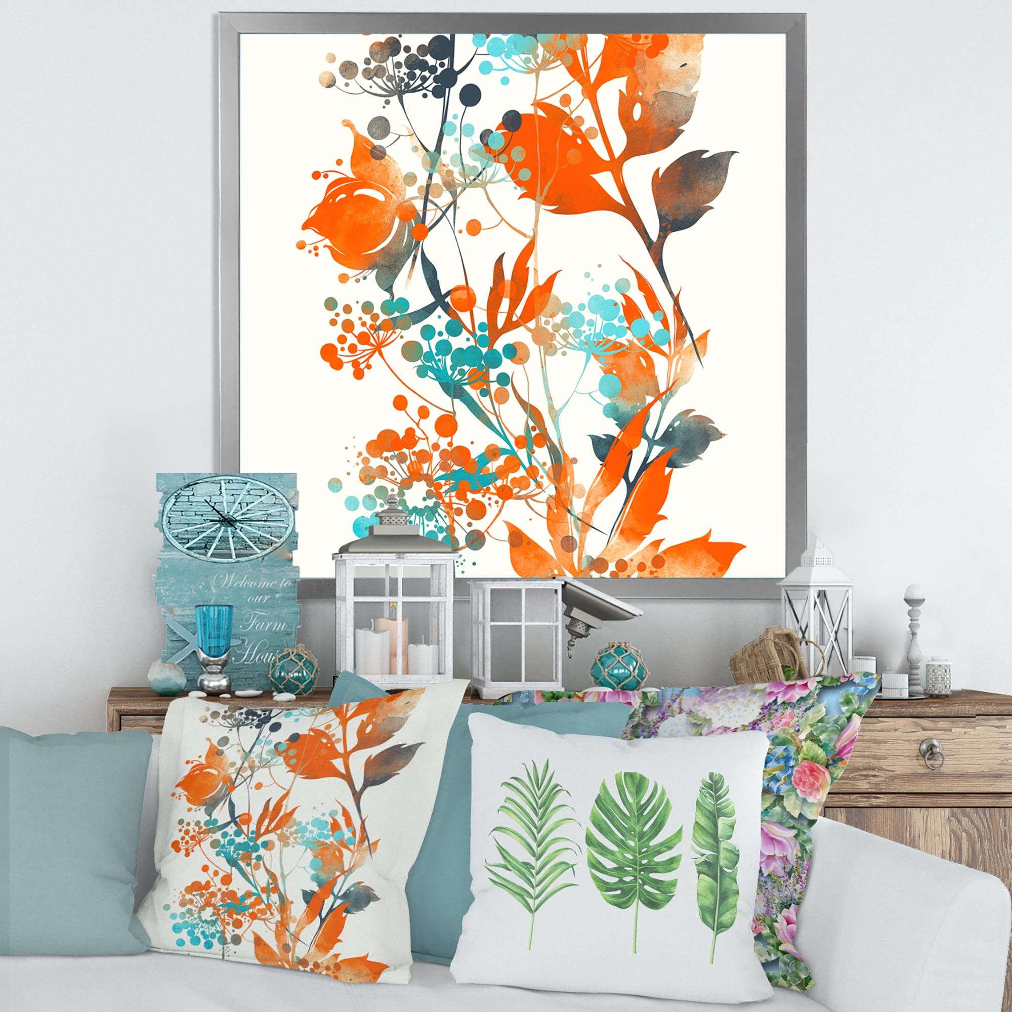 Designart 'Orange and Green Wildflowers III' Modern Framed Art Print