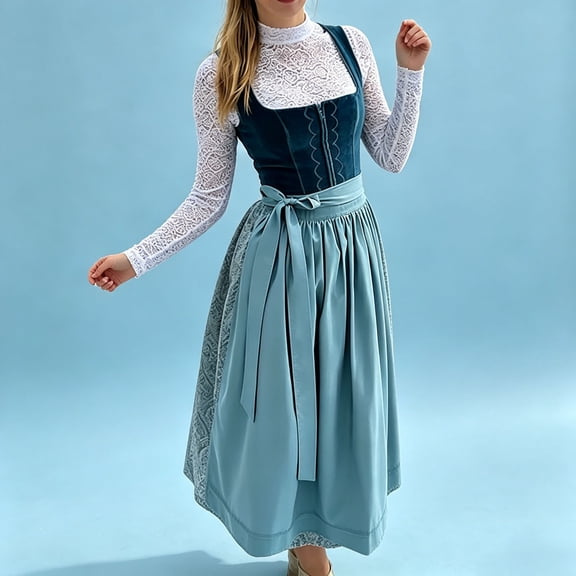 Meichang German Dirndl Dress for Women Lace Long Sleeve Oktoberfest Costumes Dress Up Outfits Carnival Festival Traditional Bavarian Outfits