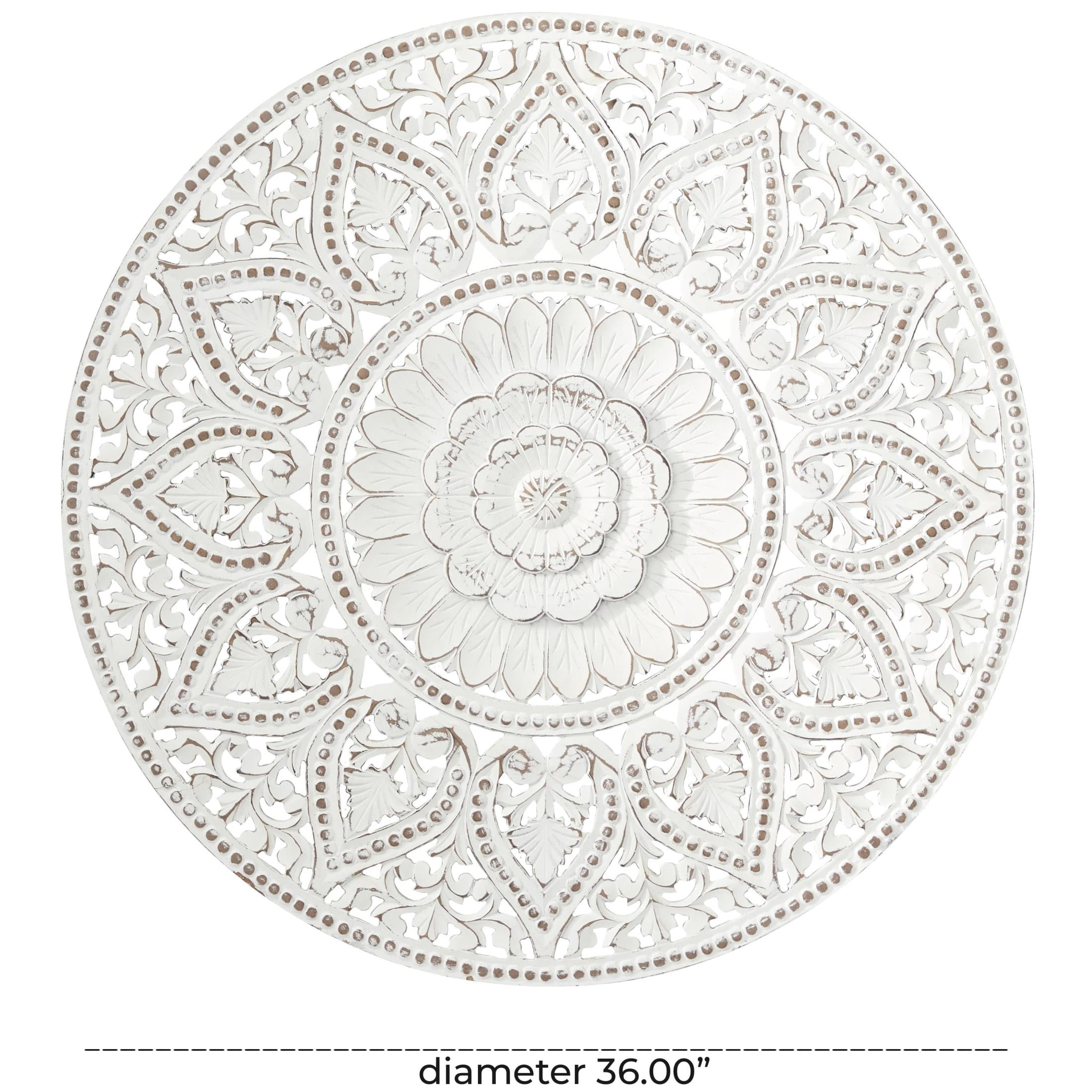 DecMode White Wooden Handmade Intricately Carved Floral Wall Decor with Mandala Design