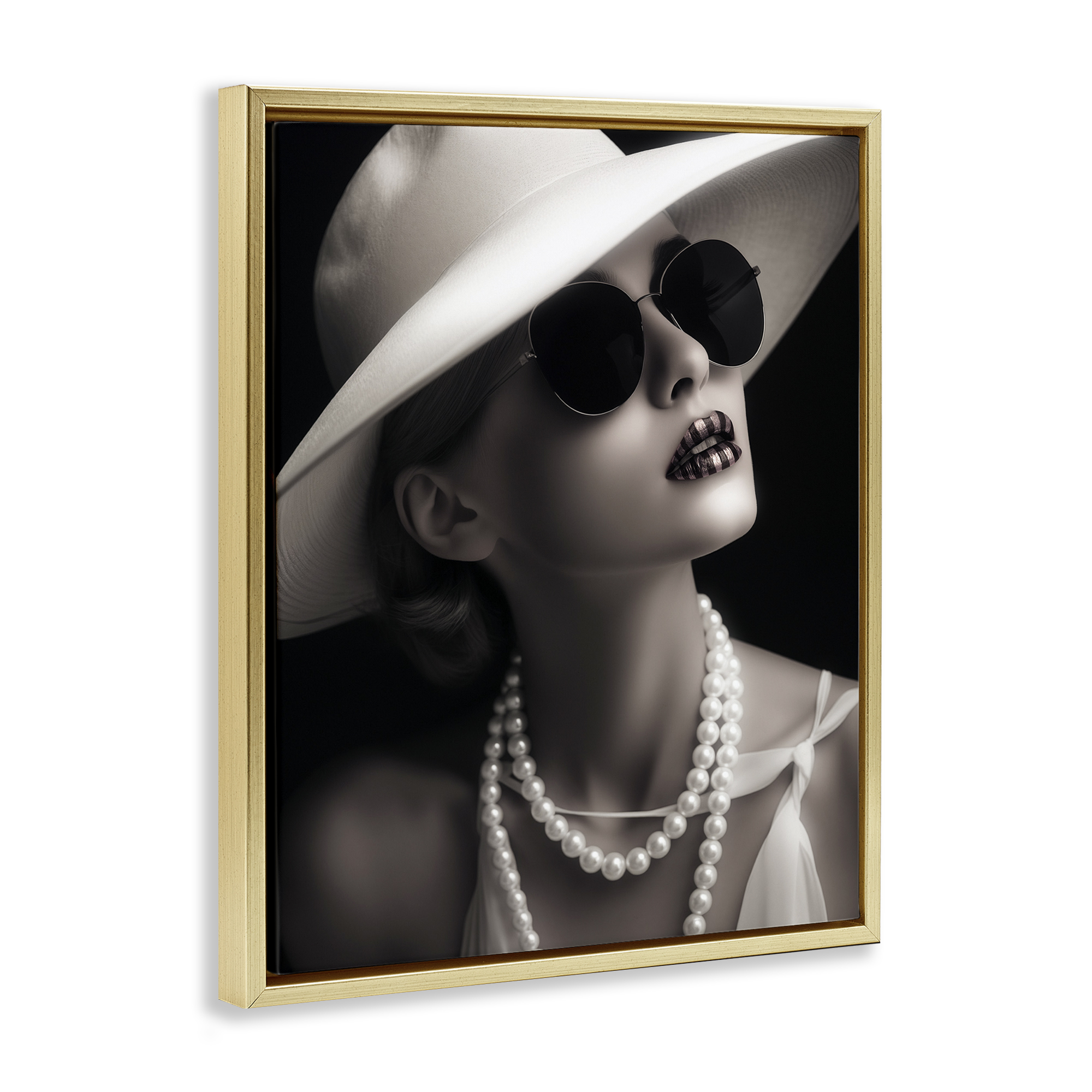 Stupell Industries Trendy Girl with Striped Lips Novelty Painting Gold Floater Framed Art Print Wall Art, 17 x 21