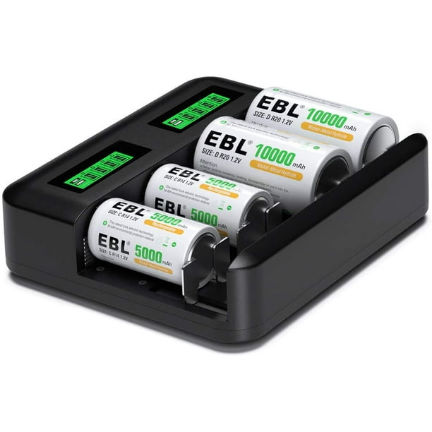 EBL LCD Chargeur de Batterie Individuel Universel pour Aaaa C D Batteries Rechargeables - 5000mAh C Batterie x 2, 10000mAh D