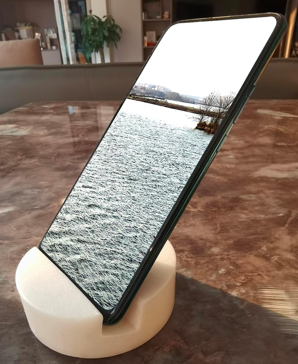 Marble Cell Phone Stand Holder for Cellphone Tablet On Desk, Countertop, Table, Nightstand. Heavy Solid Real Stone Mobile Phone Stands (White)