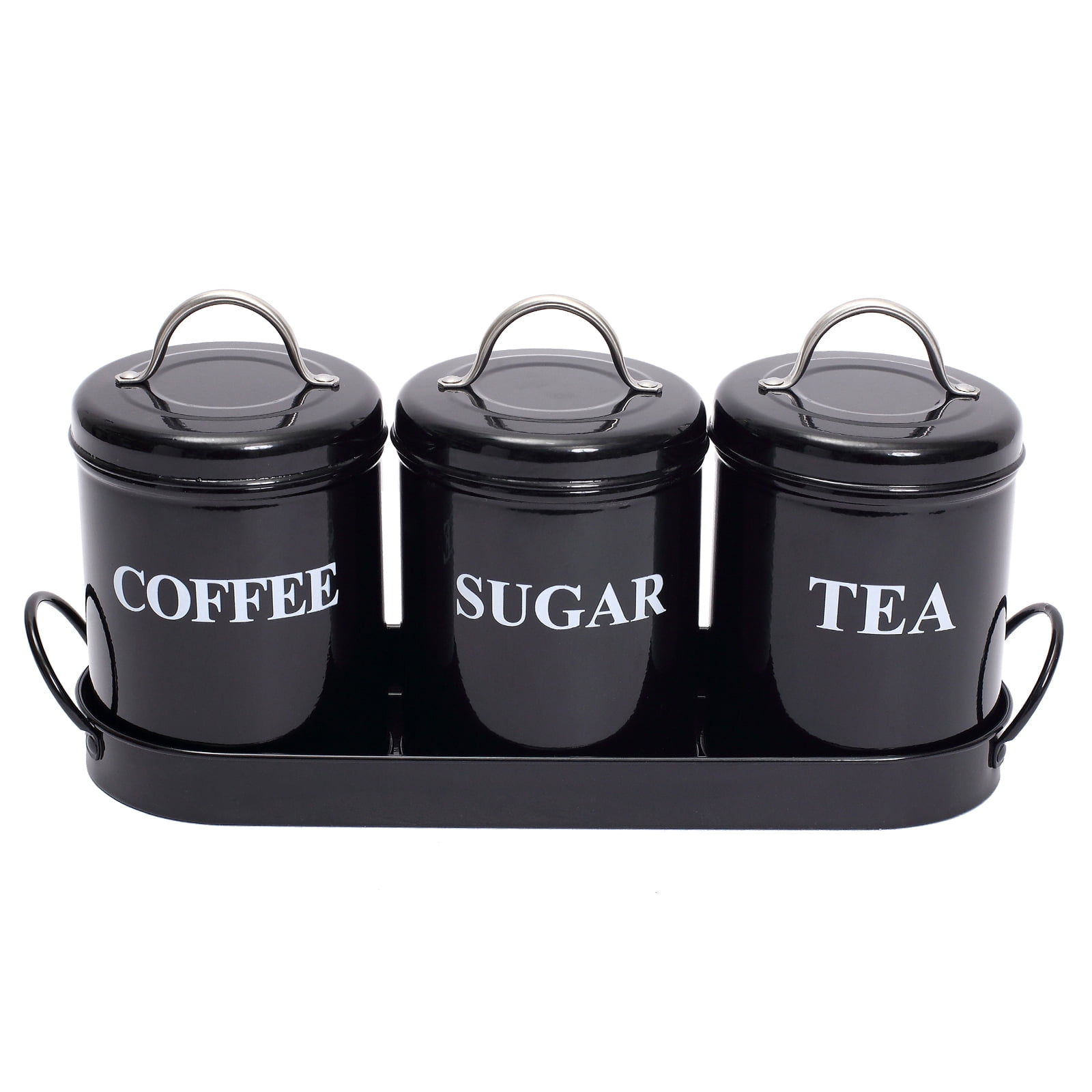 Pethiy Coffee Container Set, 3Pcs Black Metal Airtight Canisters with Lids & Serving Tray, Sealed Storage Jars for Coffee, Tea & Sugar, Kitchen Countertop Organization