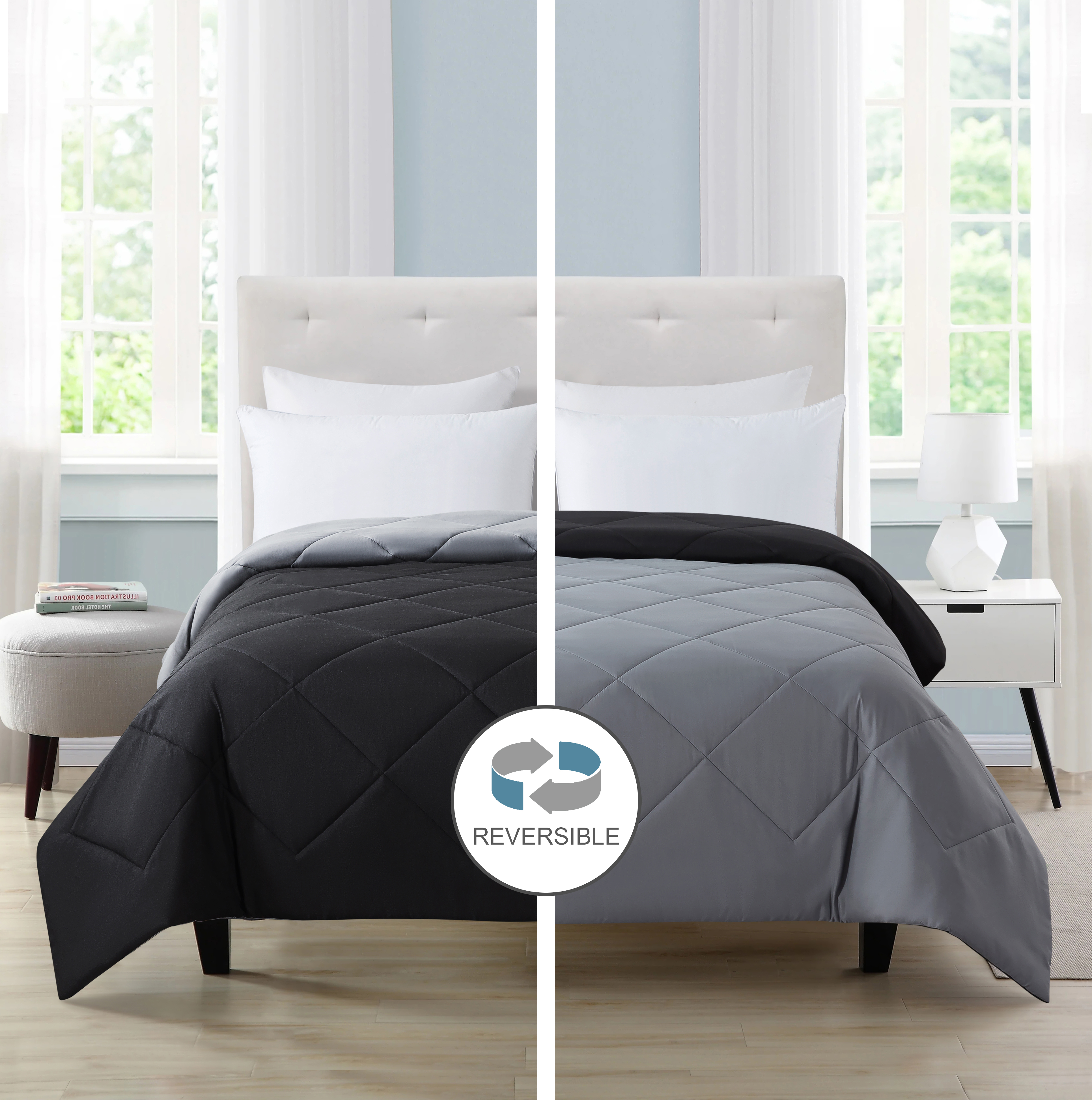 MAINSTAYS REVERSIBLE MICROFIBER COMFORTER, BLACK, FULL/QUEEN