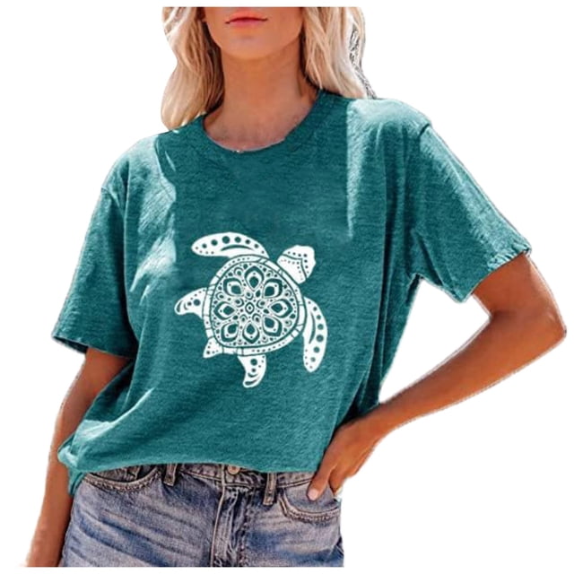 LUOGENLI T-shirts pour Femmes, T-shirts Décontractés avec Impression de Tortues de Mer, Col Rond, Manches Courtes, Hauts Graphiques, Vêtements d'Été, Vert Menthe TTTG