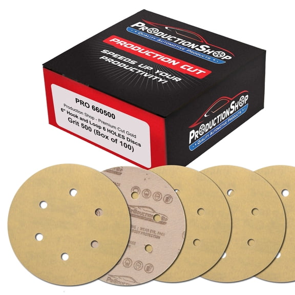 ProductionShop Premium 500 Grit 6" Gold Sanding Discs, 6-Hole Pattern, Box of 100 - Dustless Hook & Loop Backing Sandpaper for DA & Random Orbital Sanders, Sand Auto Paint, Wood Woodworking Furniture