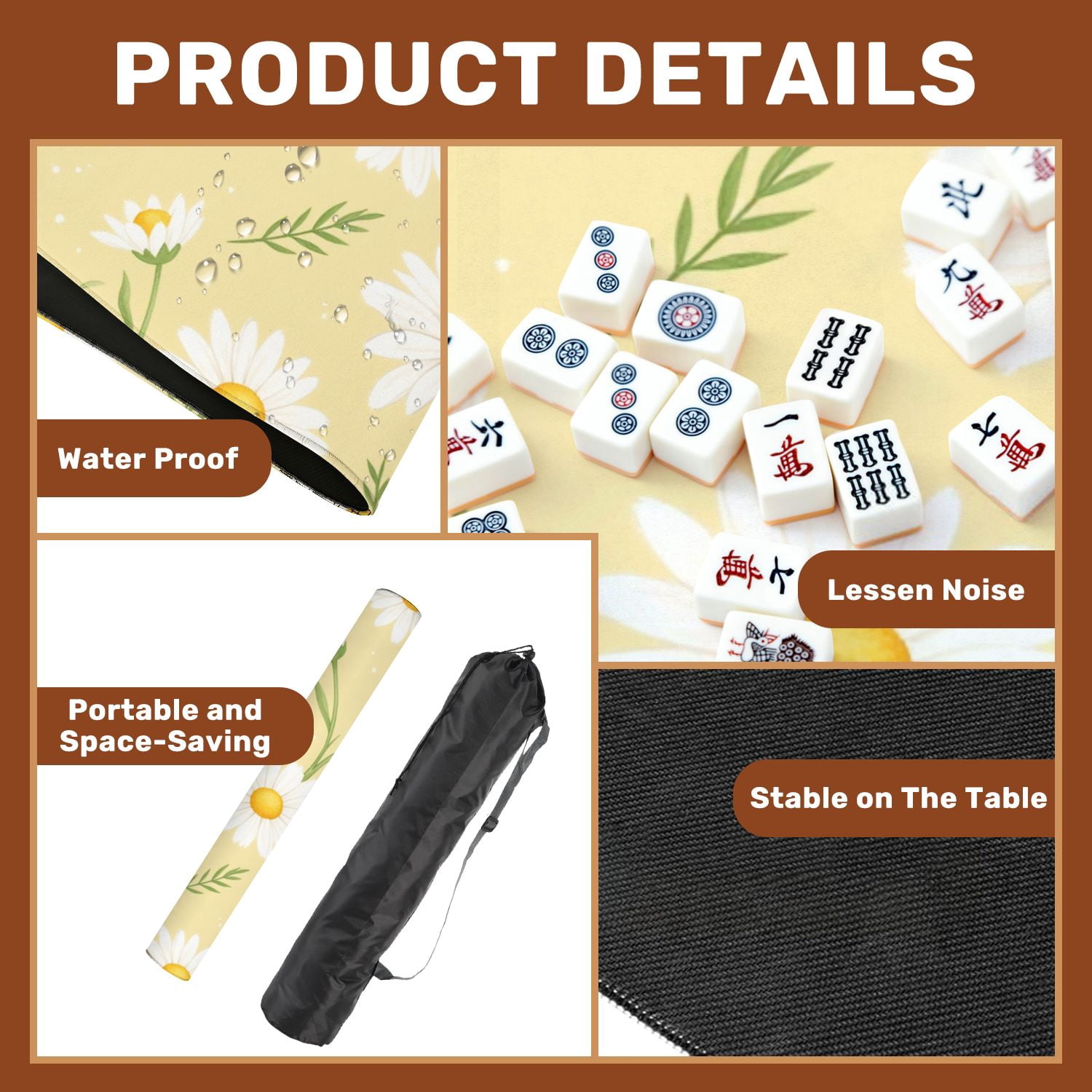 Mahjong Mat 31.5" x 31.5" Seamless Yellow White Daisies Green Leaves Non-Slip Noise Reduction American Mahjong Tiles Table Cover for Dominoes Poker Card Board Games Gift