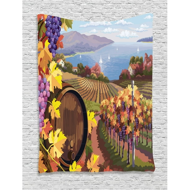Wine Decor Tapestry Wall Hanging Countryside Landscape in Vineyard