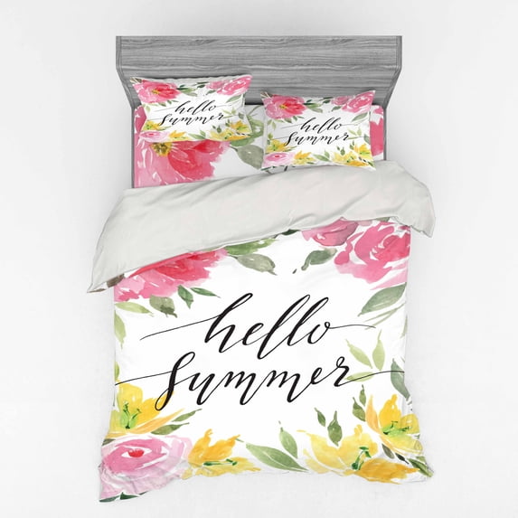Ambesonne Saying Bedding Set 4 Pcs, Hand Lettering Summer, Queen, Multicolor