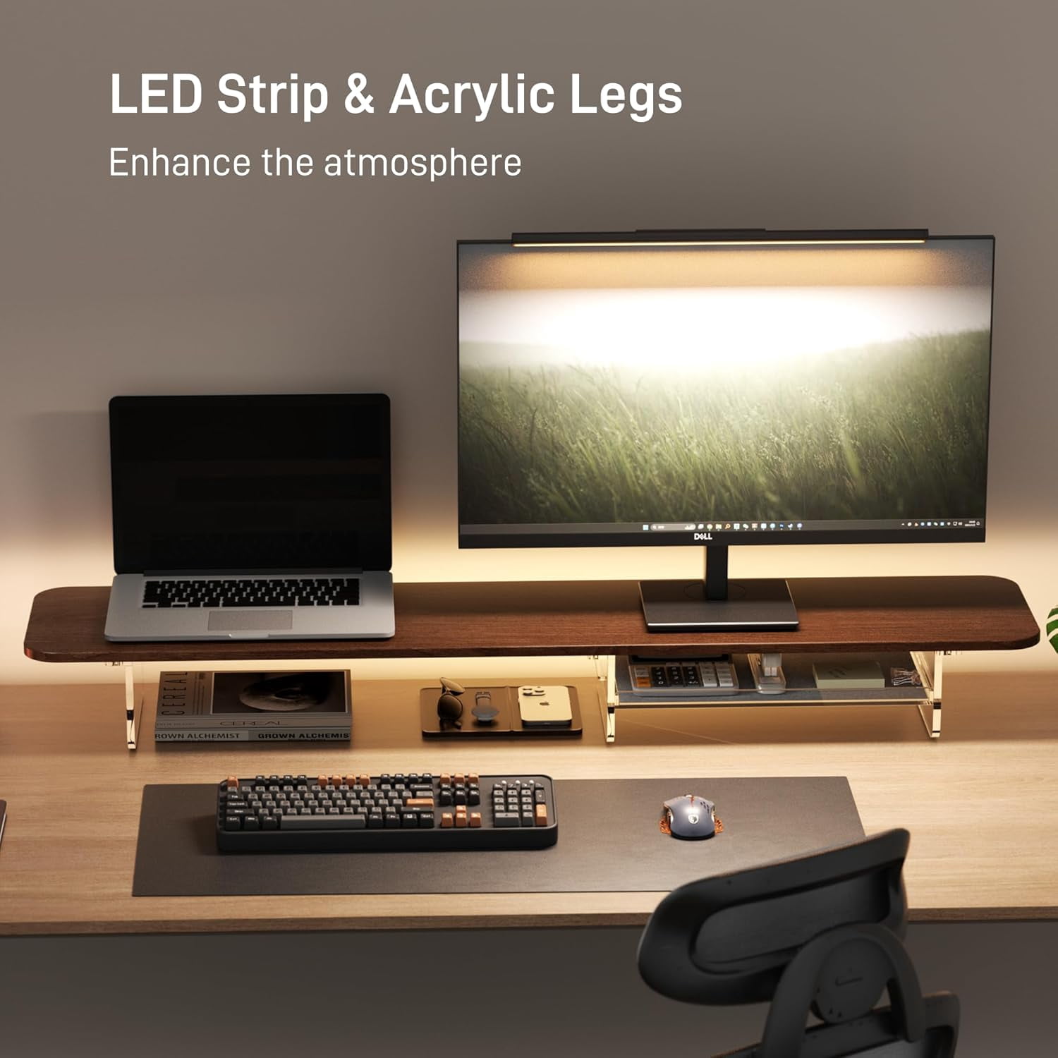 Large Dual Monitor Stand for Desk, 43 Inch Computer Riser with Felt Drawer and Acrylic Legs, Ergonomic Desktop Organizer for Laptop Printer TV