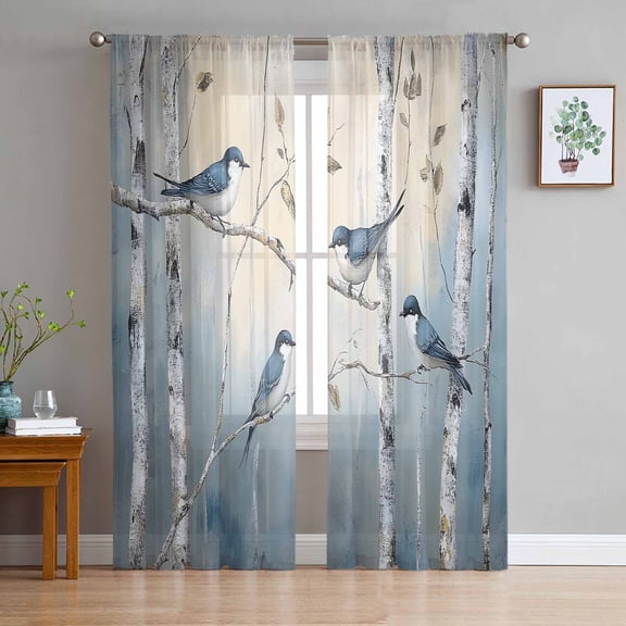 Tree Birds Sheer Curtains 108 Inch Length 2 Panels Set for Living Room/Bedroom, Spring Forest Oil Painting Modern Animal Curtain Sheers Drapes Rod Pocket Curtains Window Treatment Set 52''x108''x2