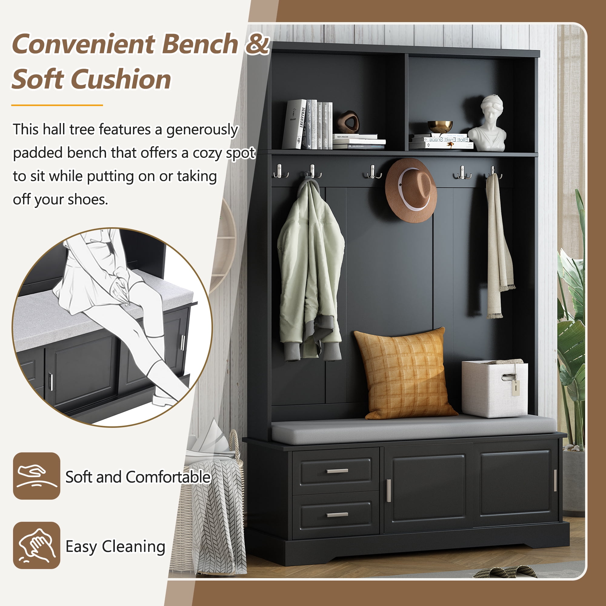 MAYEERTY Elegant Hall Tree:Sliding Doors, 6 Hooks & Handles, Mudroom Bench Cabinet with Shoe Storage, Black