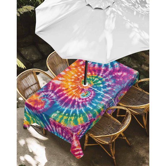 Outdoor Tablecloth with Umbrella Hole, Tie-dye Colorful Ethnic Style Zippered Table Cloth for Rectangle Tables, Abstract Geometric Washable Waterproof Tablecloths for Picnic Patio Garden