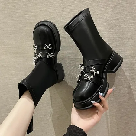 

Autumn Winter Women British Style Martin Boots Bow Decor Zip Back Ankle Boots