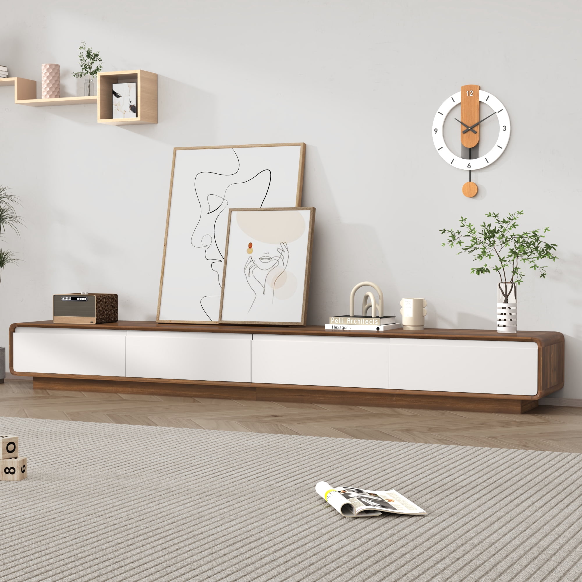 Blotout 94.5''Minimalist Floating TV Stand, Modern Wall-Mounted Media Console with 4 Drawers for Wall-mounted TV Up to 110'', Walnut & White