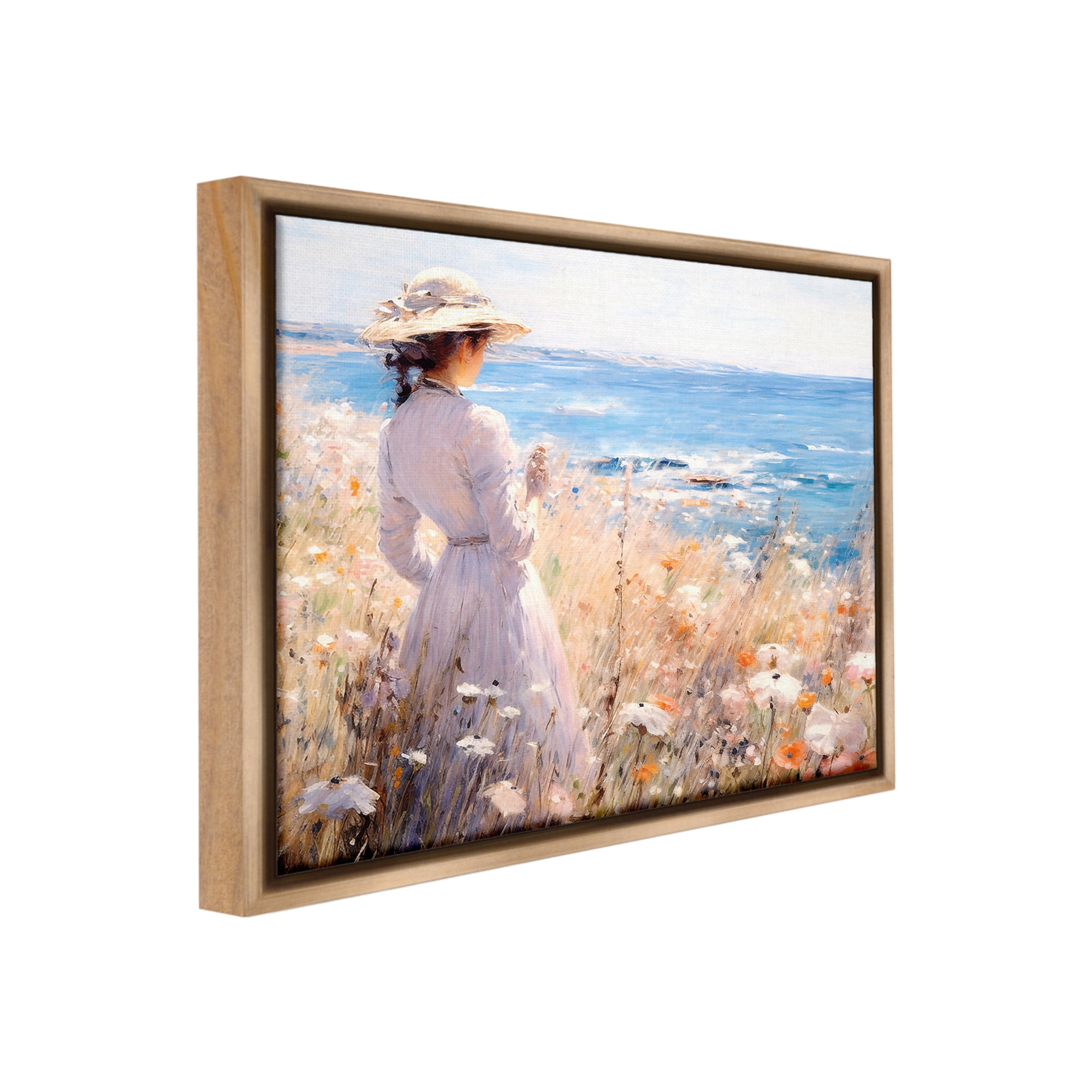 Stupell Industries Classic Woman by Shore Landscape Painting Brown Floater Framed Canvas Art Print Wall Art, 31 x 25