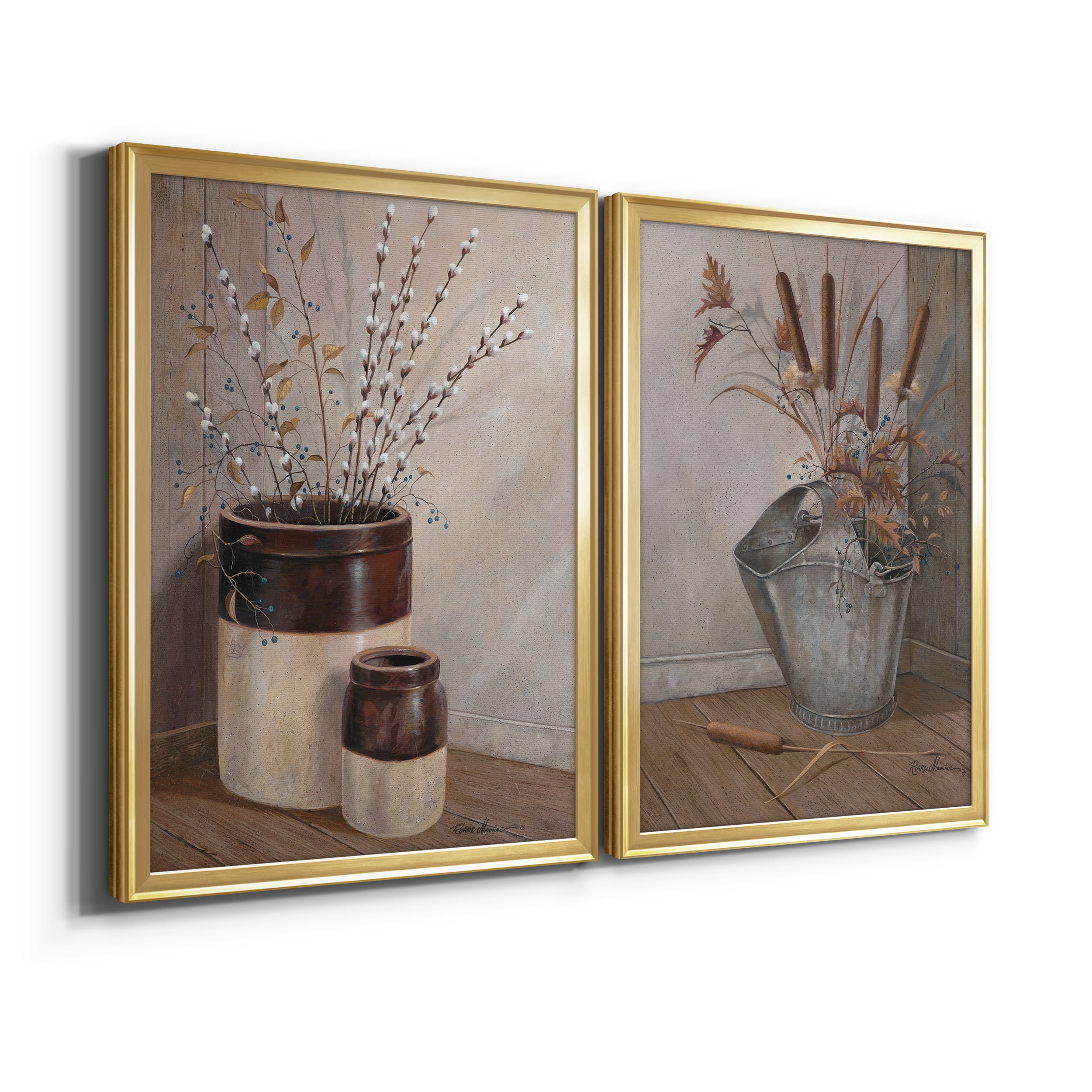 2 Piece Set Pussywillows & Spring Premium Framed Canvas - Ready to Hang - 18.5 x 24.5 Each - Gold Frame