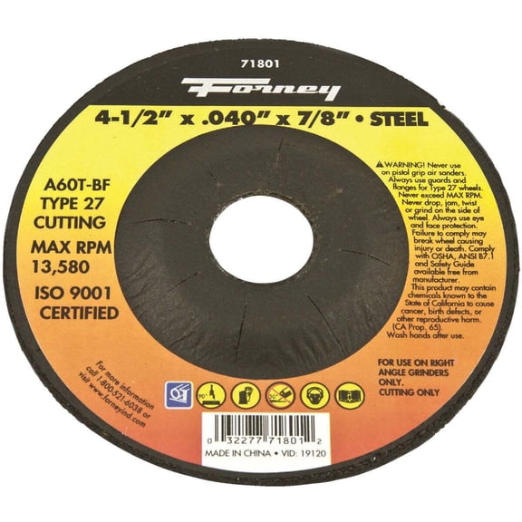 Forney Industries Type 27 Cutting Wheel - Metal, 5 Pack, 4-1/2 In x .040 In x 7/8 In