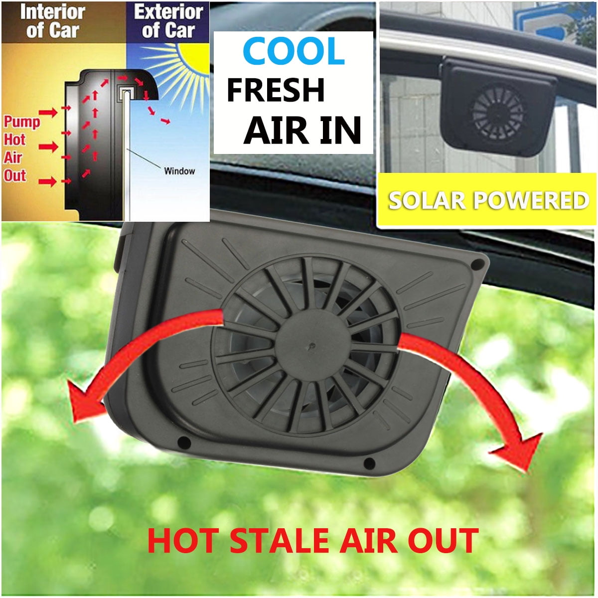 X AUTOHAUX Car Window Fan Solar Powered Car Window Fan Windshield Auto Air Vent Cooling Fan 
