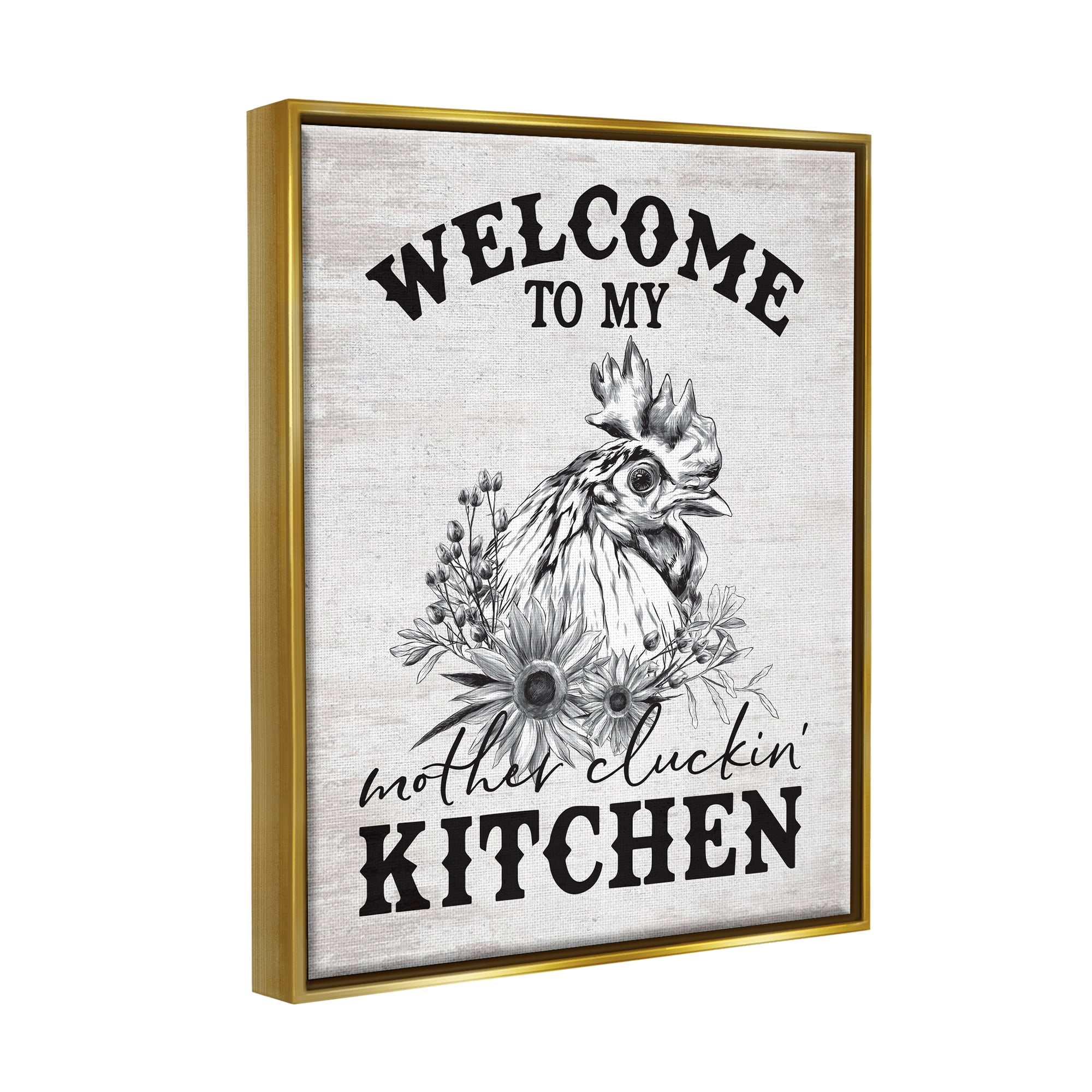 Stupell Industries Mother Cluckin' Kitchen Phrase Animals & Insects Painting Gold Floater Framed Art Print Wall Art, 17 x 21