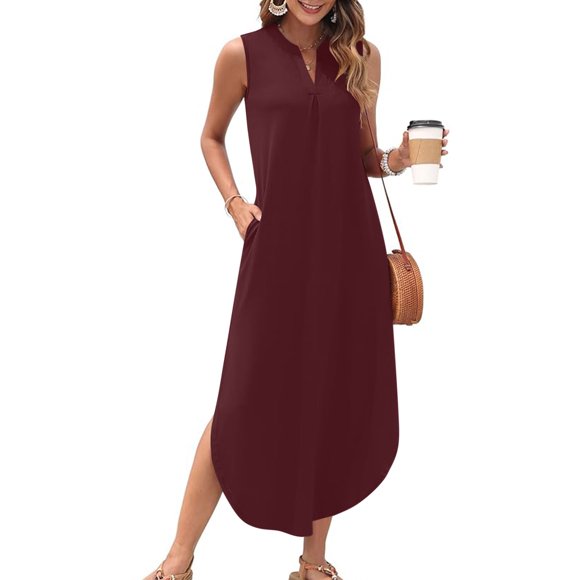 LOVZFMLL Summer Dresses for Women 2025 Sleeveless V Neck Smocked Tank Dress Casual Loose Beach Vocation Long Maxi Dress with Pockets Wine S