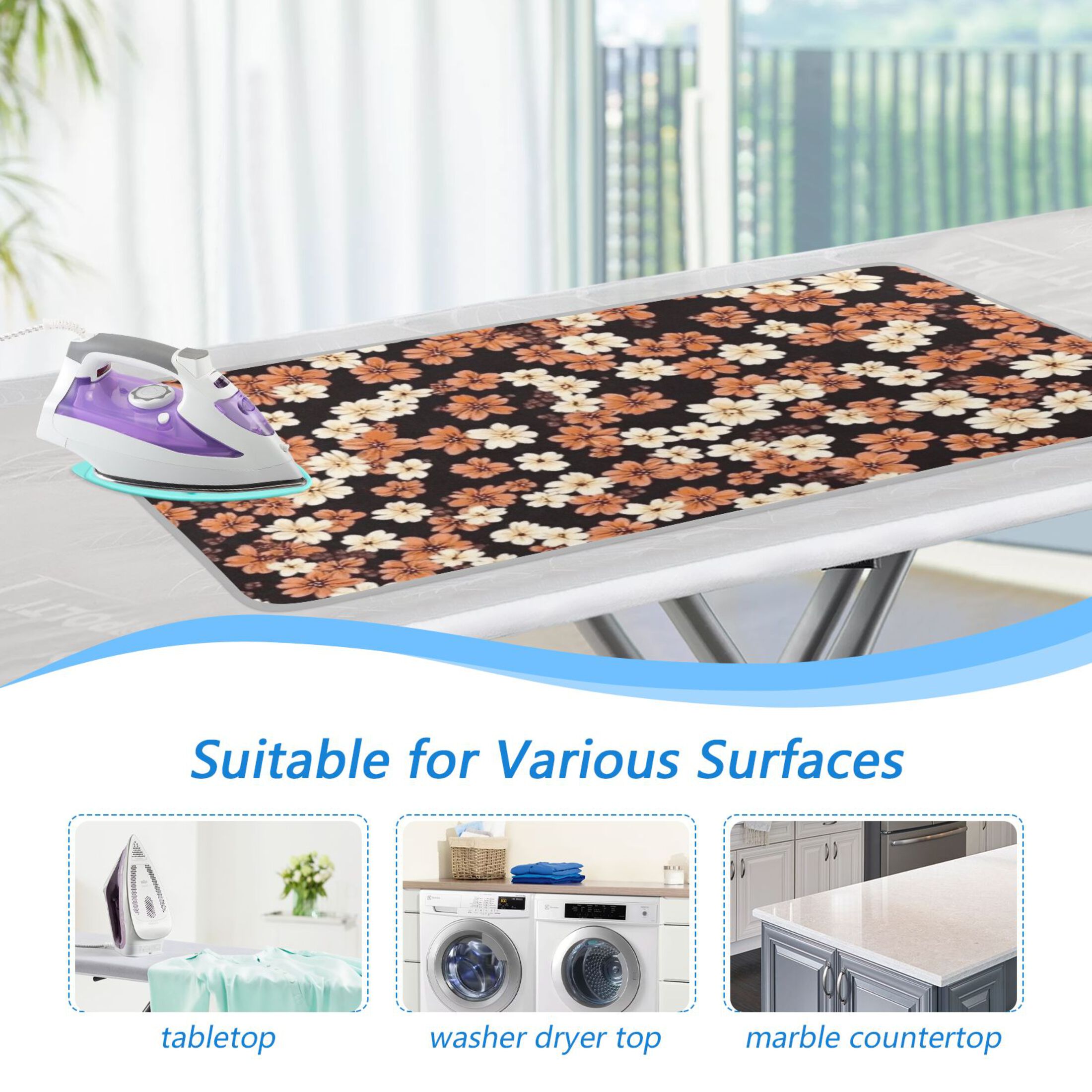 Brown and White Flowers Ironing Mat Blanket for Table Top Travel Portable Ironing Board Pad 47.2x27.6 Inch