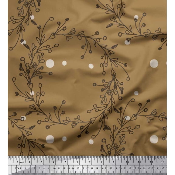 Soimoi Brown Cotton Voile Fabric Dot & Wreath Hand Drawn Printed Fabric 1 Yard 42 Inch Wide