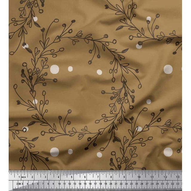 Soimoi Brown Rayon Fabric Dot & Wreath Hand Drawn Printed Fabric 1 Yard 56 Inch Wide