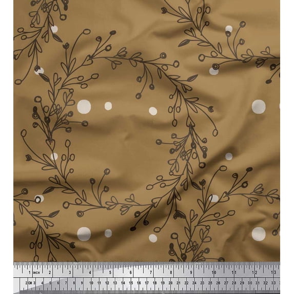 Soimoi Brown Poly Georgette Fabric Dot & Wreath Hand Drawn Print Sewing Fabric Yard 52 Inch Wide