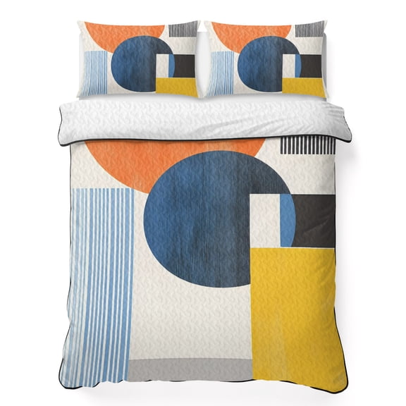 Quilts Twin XL Size Bedding Set, Orange Blue Yellow Lightweight Quilted Comforter, Geometric Farmhouse Stripes Soft Reversible Bedspread Coverlet with Pillow Covers for All Season, 68" x 98"