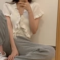 thumbnail image 3 of Women's Tie Open Front Ribbed Knit Short Sleeve Crop Tee Shirt Blouse Top, 3 of 3