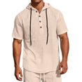 thumbnail image 3 of Hearthz Men’s Linen Blend Hooded Henley Shirts Drawstring Button Short Sleeve Shirt for Men Summer Beach Mens Workout Shirts, 3 of 7