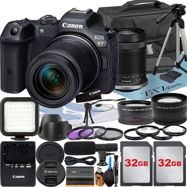 Canon EOS R7 Mirrorless Camera with RF-S 18-150mm Lens + 2 Pack 32GB Memory Card + Case + ZeeTech Accessory