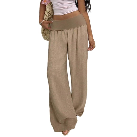 Gamivast Linen Pants Women Fold Over High Waist Wide Leg Solid Palazzo Pants Casual Loose Summer Pants Breathable Soft Comfy Beach Vacation Outfit