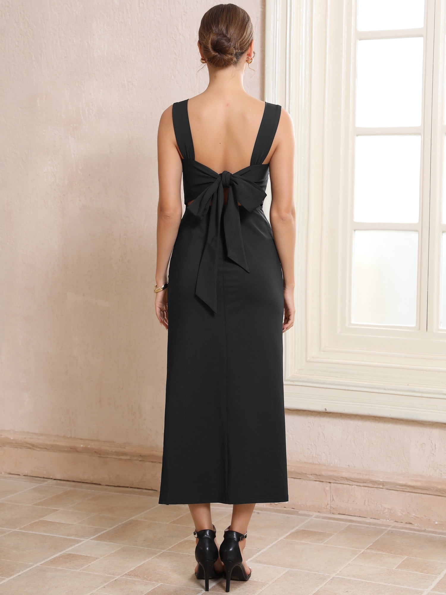 DARING DIVA Women's Cocktail Bow Tie Square Neck Sleeveless Bodycon Dresses M Black