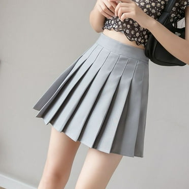Women High Waisted Pleated Skirt Girls Fashionable Elegant Solid Color A Line Skirt for CheerleadingGray M